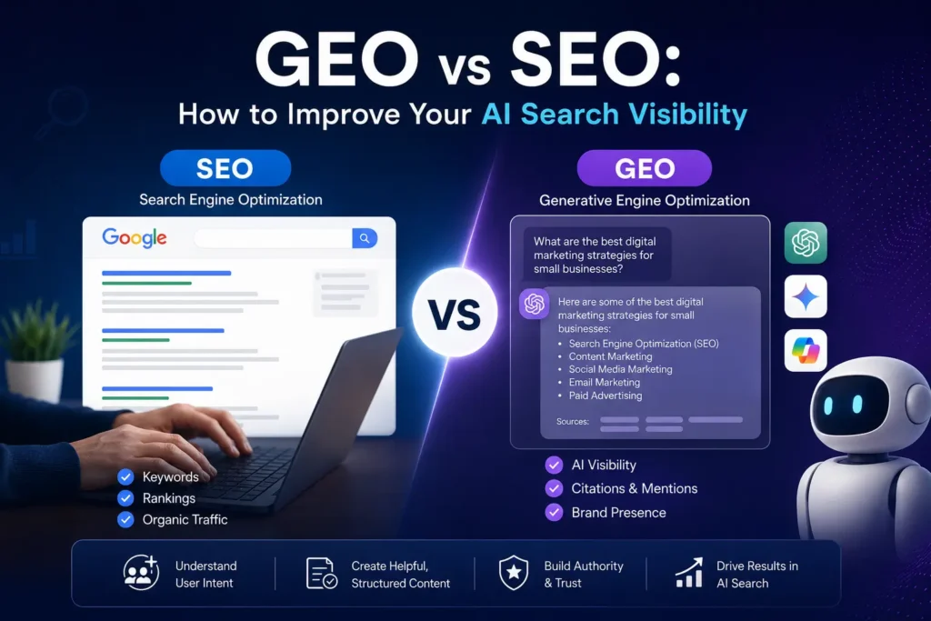 This is an image that explains about GEO vs SEO